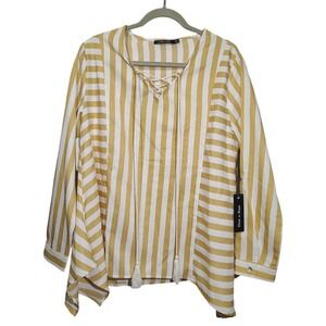 Doe and Rae Women's‎ Blouse Medium Gold White Striped Roll Sleeve Ruffle Sides